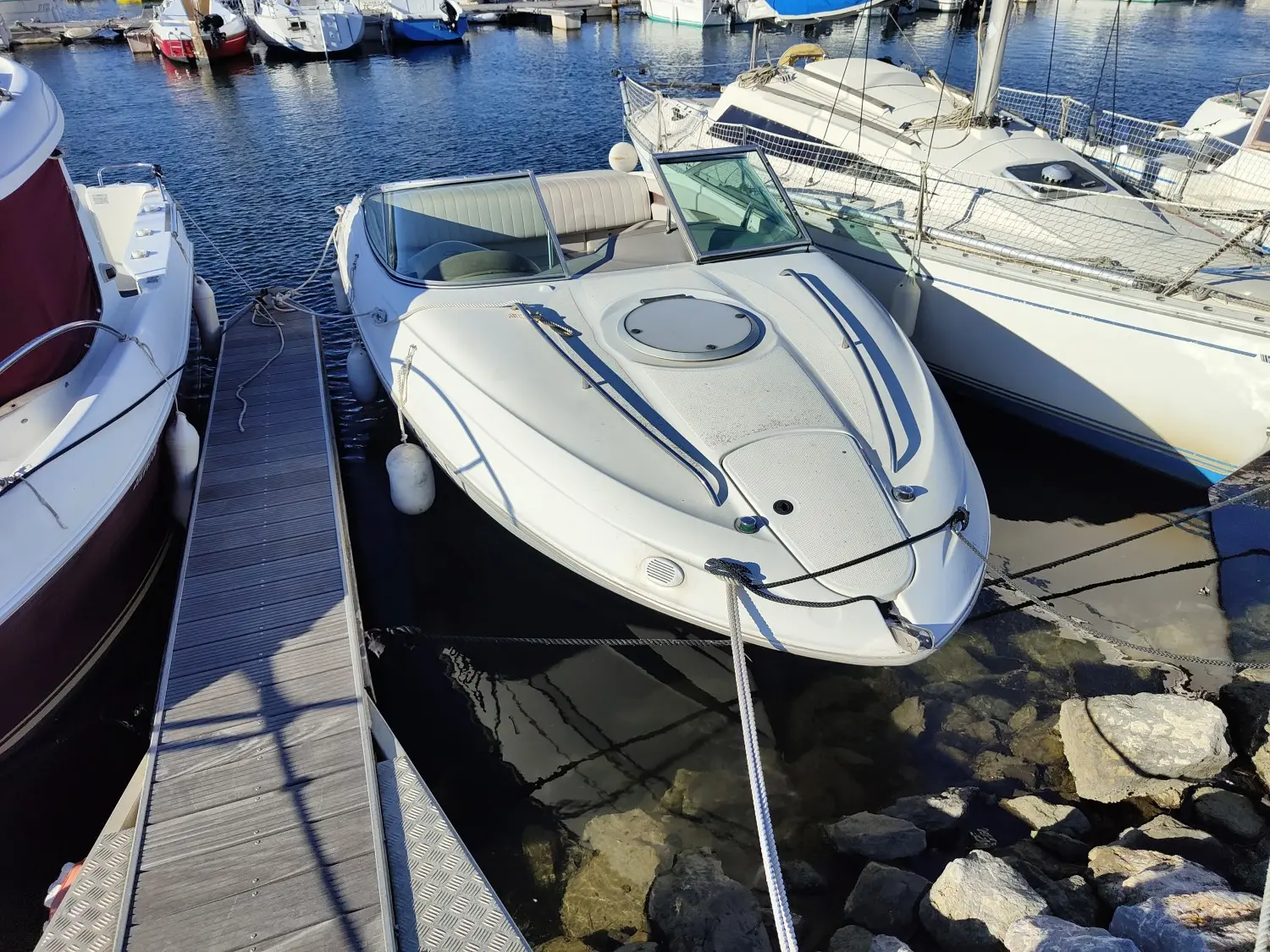 Maxum 2100 SC — Bateau à moteur blanc amarré dans un port, vu en plongée depuis le ponton.