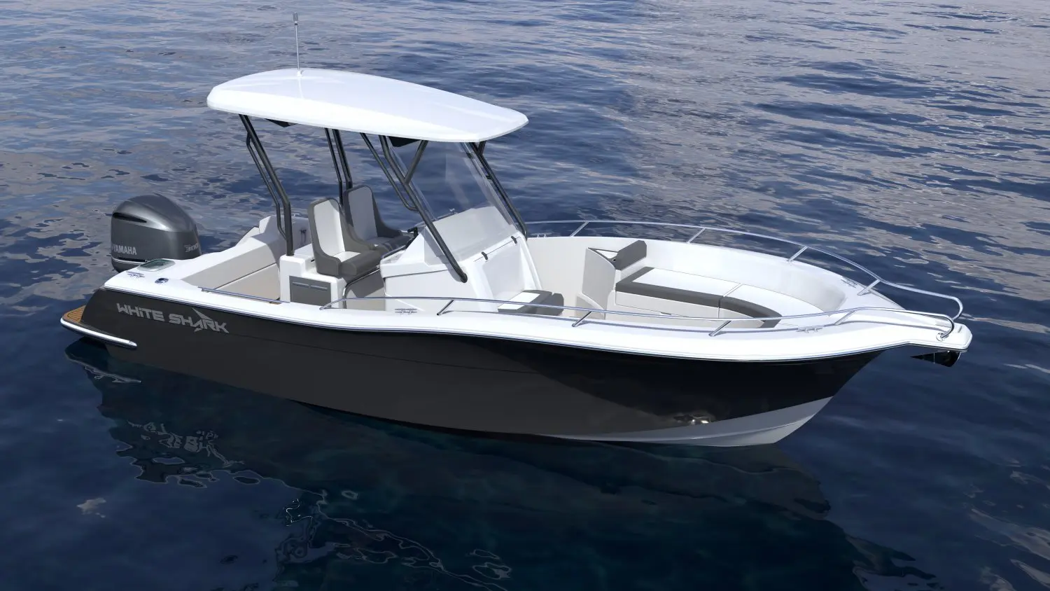 White Shark 240 CC — Bateau à moteur blanc et noir photographié de trois-quarts sur l’eau.
