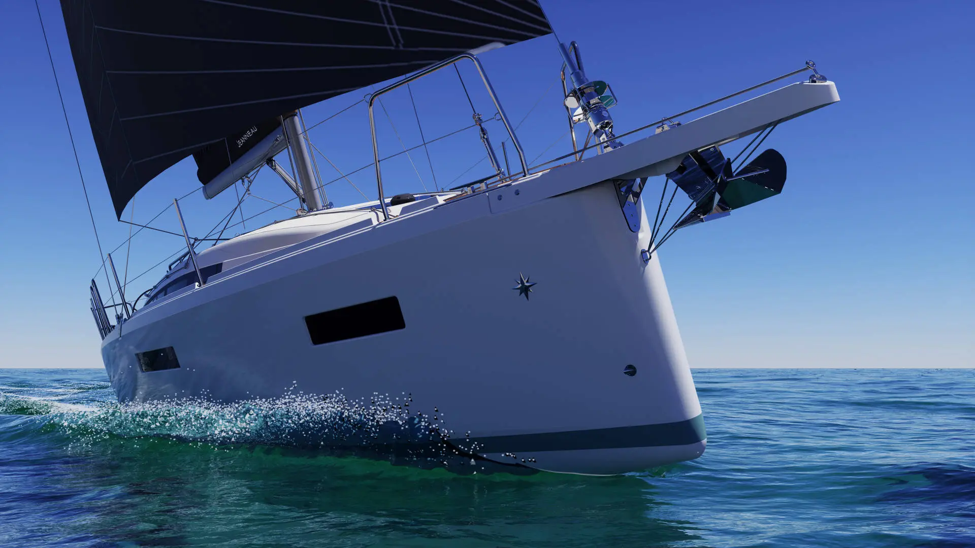 Jeanneau Sun Odyssey 380 — Voilier blanc vu de près à l’étrave, naviguant sur une mer calme sous voiles.