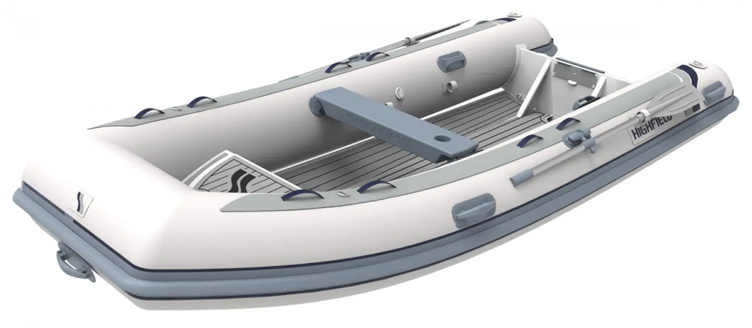 Highfield CL 380 — Bateau pneumatique gris et blanc vu en trois quarts sur fond blanc.