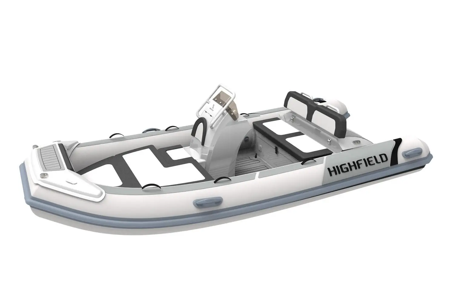 Highfield Sport Range 390 — Bateau pneumatique blanc et gris présenté de trois quarts sur fond blanc.
