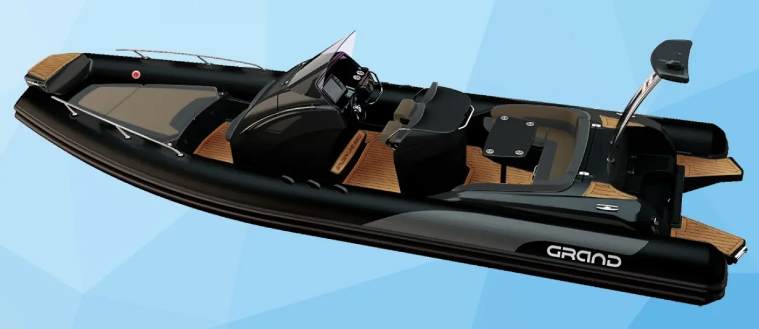 Grand Golden Line G850 — Bateau pneumatique noir vu en trois quarts, avec console centrale et sellerie brune.